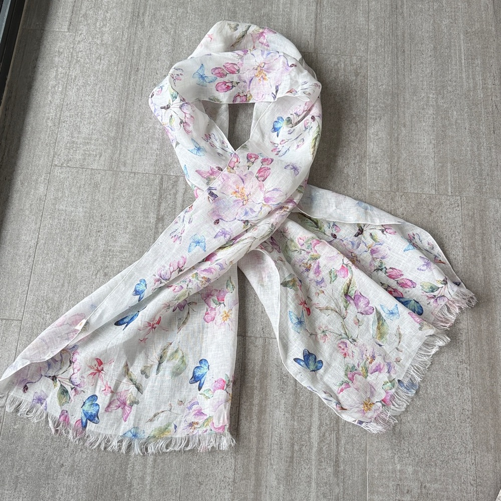 100% European linen white butterfly floral scarf from Italy